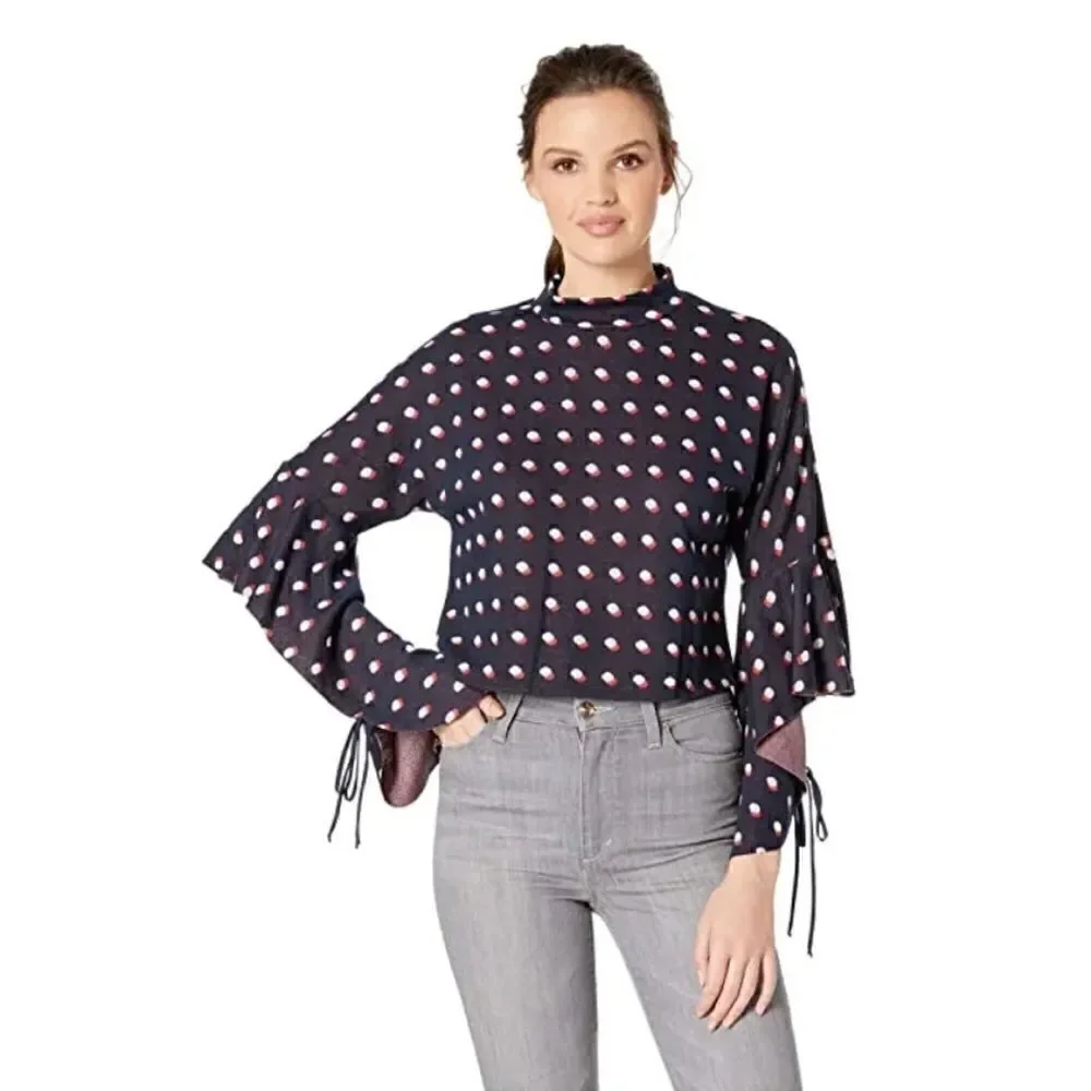 BCBGeneration Blue, Red & White Polka Dot Flutter Sleeves Mock Neck Crop Top